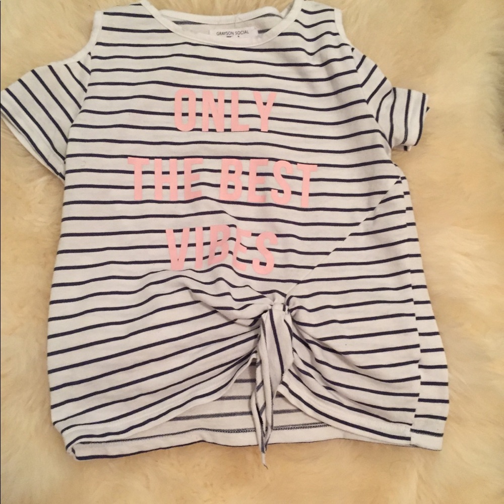 “only the best vibes” striped sleeve cutout tee